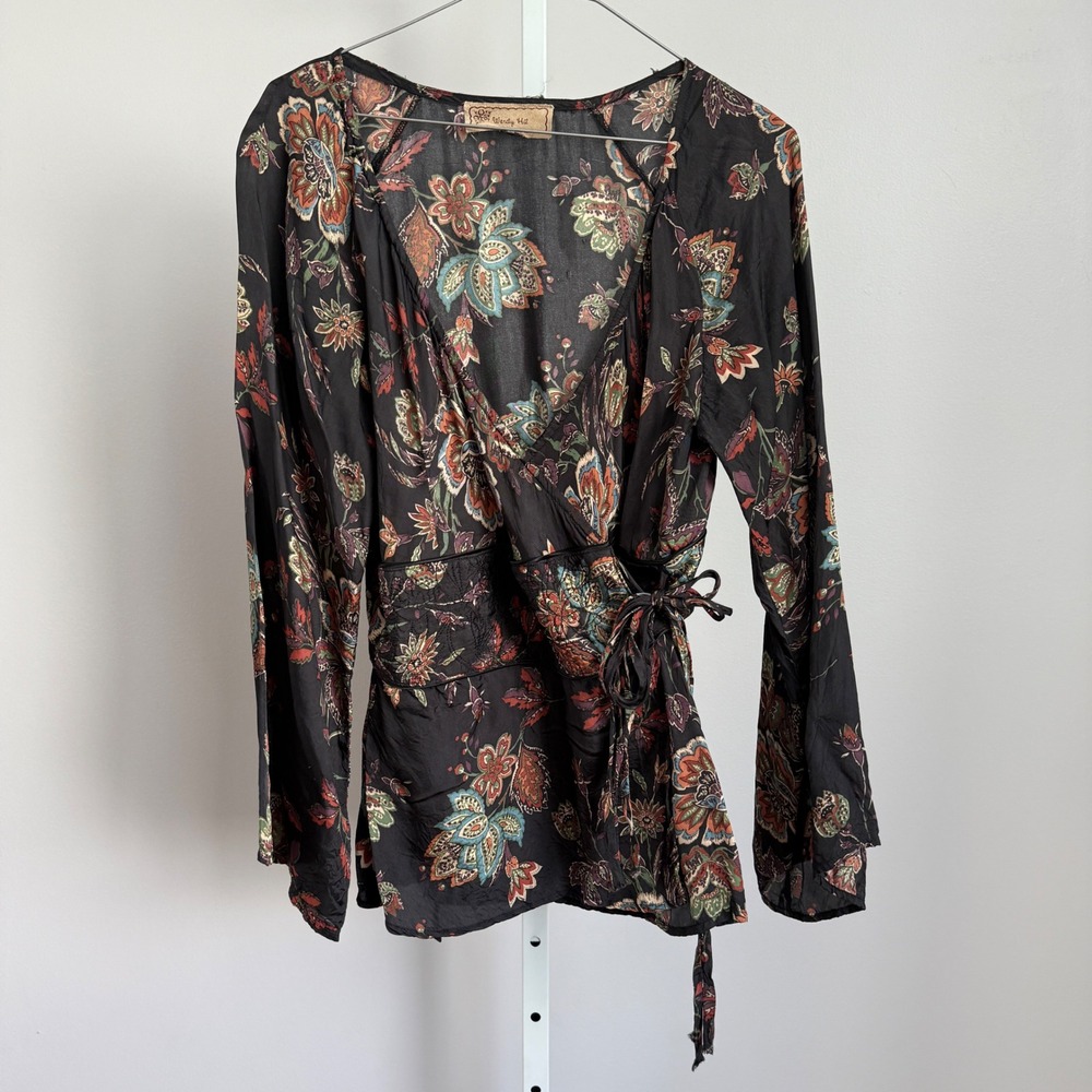 Wendy Hil Black Floral Wrap Top Long Sleeve‎ Boho Blouse sz M Lagenlook Witchy